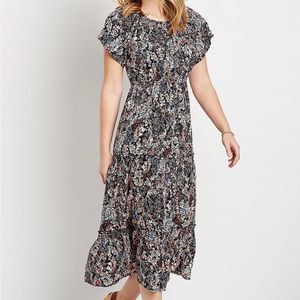 Blue Floral Smocked Neck Midi Dress